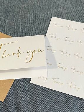Gold Script Thank You Cards & Sticker Sheet - White